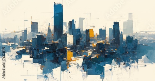A modern city skyline painted in oil, with tall buildings reaching towards the sky. 