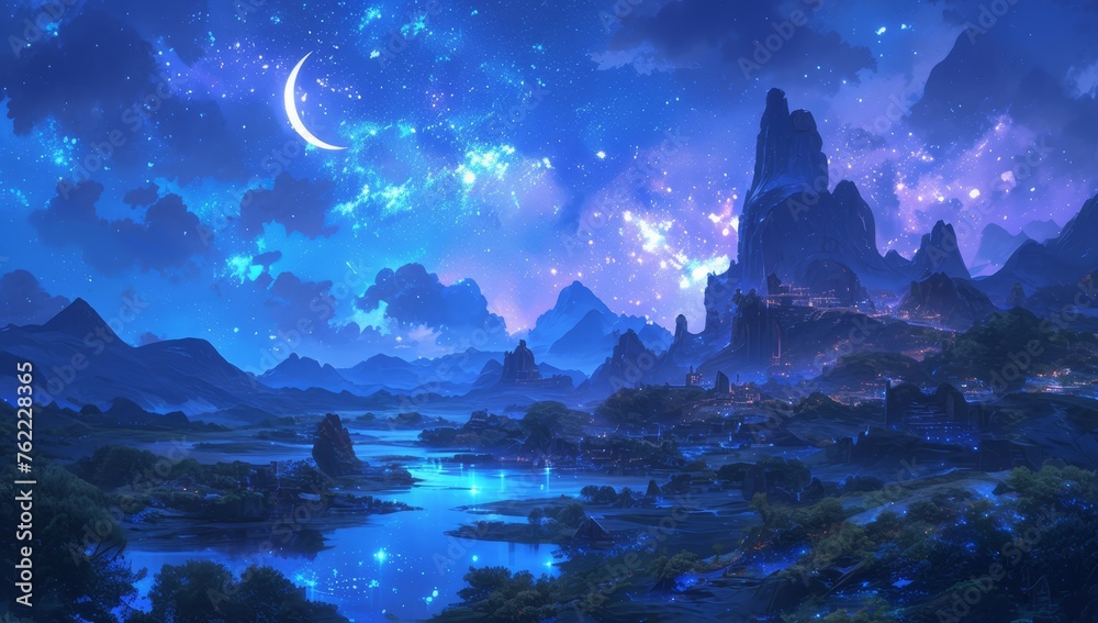 A panoramic view of the night sky, with stars and galaxies scattered across it. In front is an ancient river flowing through a mystical landscape, surrounded by towering mountains. 