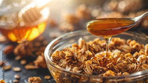 A spoonful of honey drizzling over a bowl of crunchy granola.