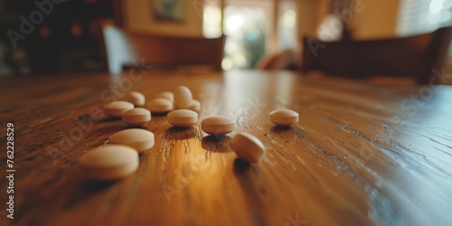 Multiple white pills spilled on a wooden surface with a blurred background, depicting healthcare or medication.