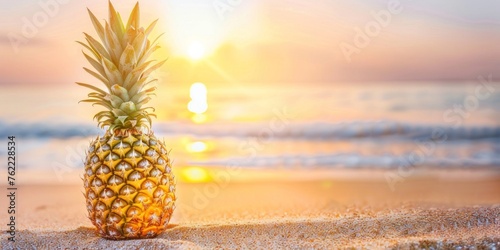 Golden pineapple on a sandy beach with ocean waves and a beautiful sunset in the background.