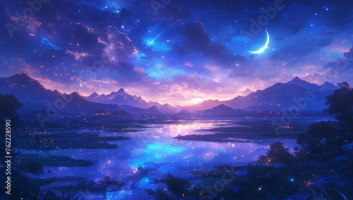 A river flows through the valley, reflecting stars and a crescent moon in the sky. The background features distant mountains under dark clouds, creating an enchanting night scene. 