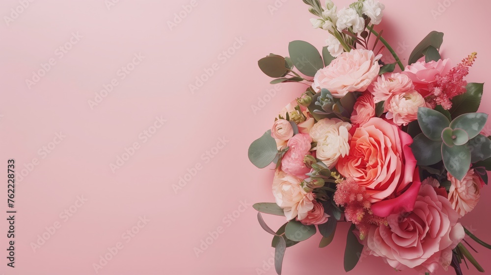 Flowers for Mother Day isolated on light pink background. Wedding flower bouquet. Nature bride bloom accessories. Modern floral studio. Fresh flower for Valentine Day gift. Banner 