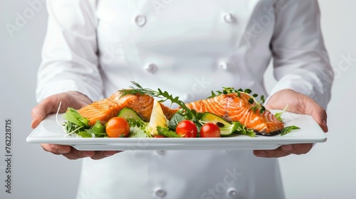 Close up of Chief holding a white tray with roasted salmon fillet and vegetable salad elegantly decorated on kitchen.