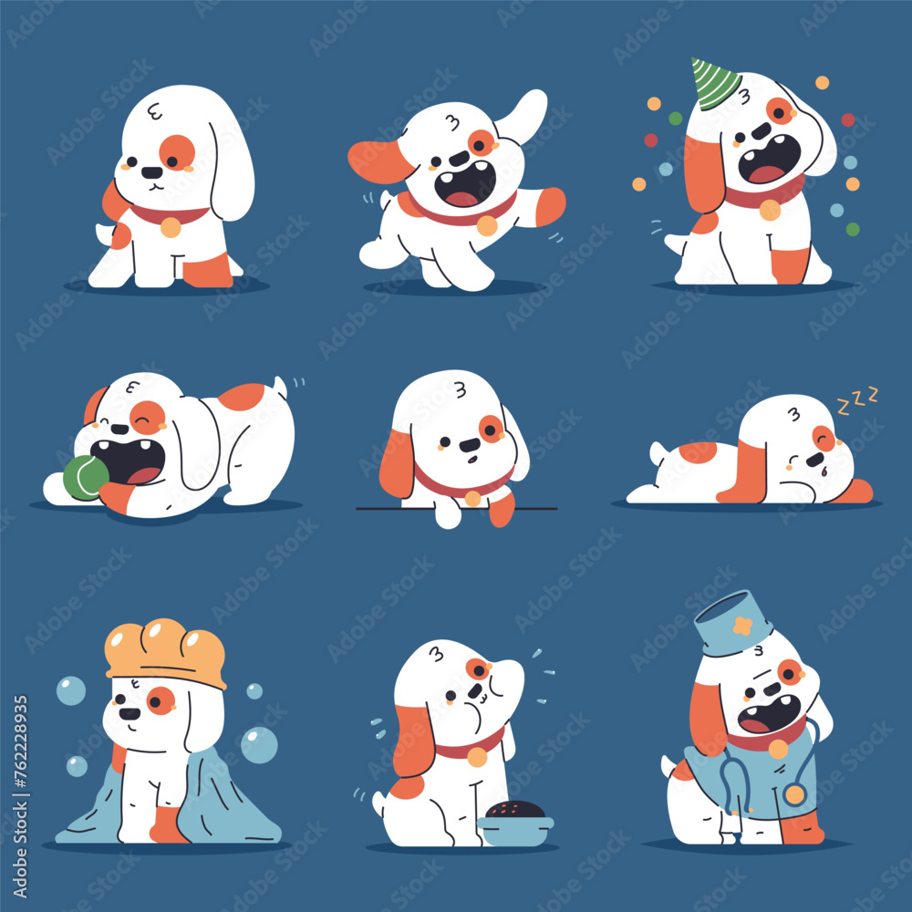 Cute little dogs vector cartoon characters set isolated on background.