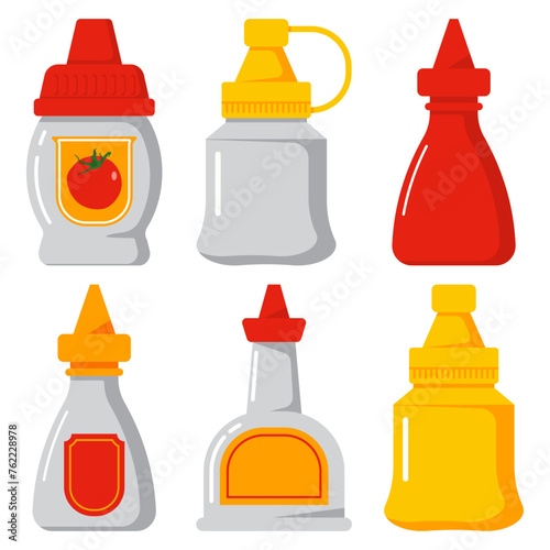 Cute mini sauces bottles vector cartoon set isolated on a white background.