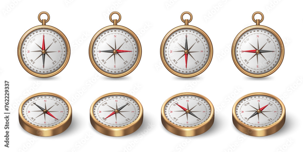 Golden compass realistic rose of wind mockup template. Vector illustration of vintage compass orientation and navigation equipment, west or east, north or south destination instrument Golden compass realistic rose of wind mockup template. Vector illustration of vintage compass orientation and navigation equipment, west or east, north or south destination instrument