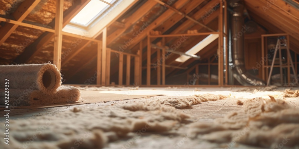 Insulating a residential attic using glass wool, focus on thermal material.