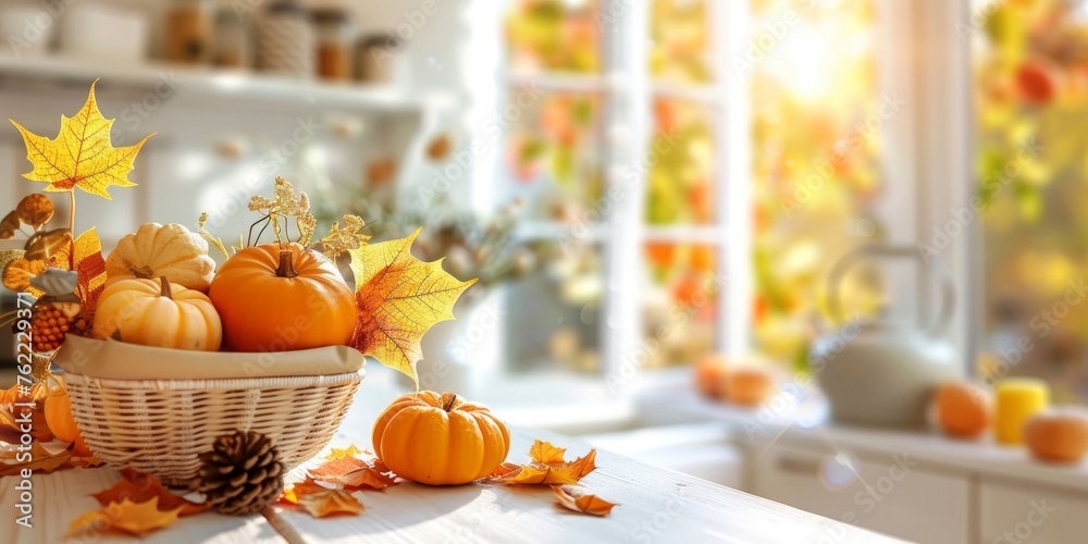 Basket of pumpkins surrounded by autumn leaves on a sunny kitchen countertop.