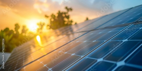 Solar panels with a vibrant sunset backdrop  symbolizing renewable energy.
