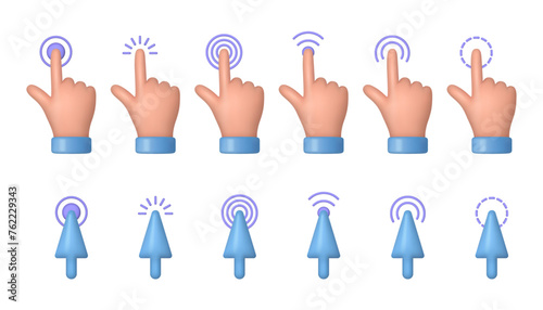 Screen and computer realistic cursors, isolated hand and pointer with motion effect. Vector UI elements for website or mobile phone applications. Gestures or tapping and clicking, touching