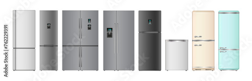 Modern and retro refrigerators and freezers for kitchen. Vector isolated realistic kitchen appliances for storing and keeping food fresh. Fridge with double doors, sensors and ice generators