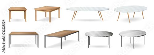 Modern furniture for home or office. Vector isolated realistic set of dining and coffee tables of square and oval shape for house or apartment. Natural wood material and stylish models for flat