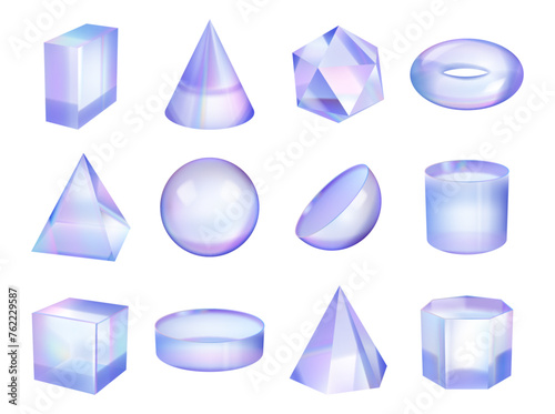 Geometric gradient holographic figure or shape. Vector isolated 3d realistic figurines, pyramid and cone, sphere and semicircle, podium and square box. Glass or transparent unblurred crystals