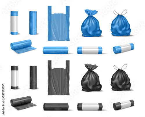 Empty and filled trash bags, isolated realistic sacks in roll with label. Vector rubbish biodegradable packets for disposing litter. Ecologically friendly recycling alternative, mockup of polyethylene