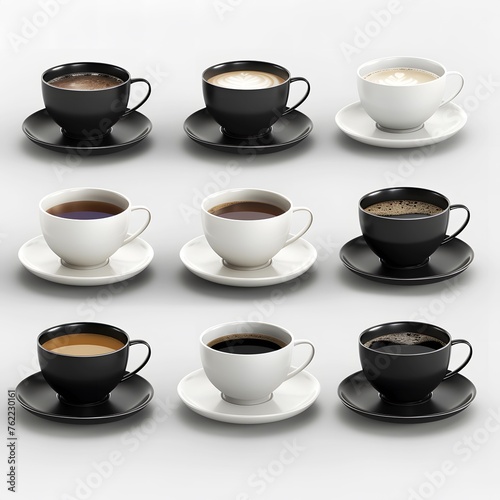 A collection of coffee cups and saucers on a table.