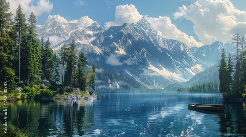 A tranquil mountain lake, surrounded by tall pine trees and snow-capped peaks, with a small boat drifting lazily on the water.