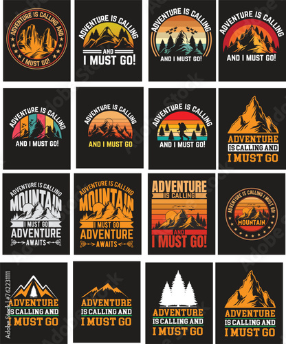 Summer adventure hiking and camping vintage t shirt design set