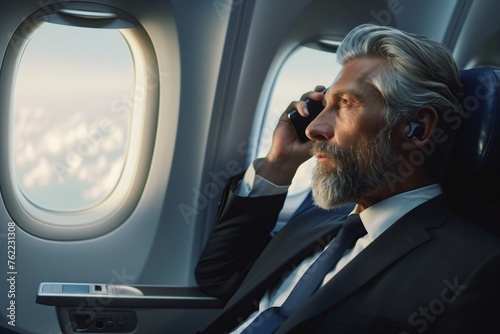A man in formal wear, including a suit and tie, is sitting on an aircraft talking on a cell phone. He gestures while discussing an event with his aerospace manufacturer photo