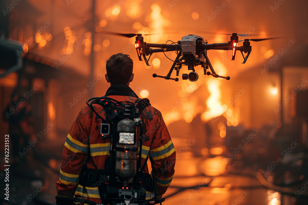 A firefighter standing and watching a fire in the background, International Firefighters Day A firefighter standing and watching a fire in the background, International Firefighters Day