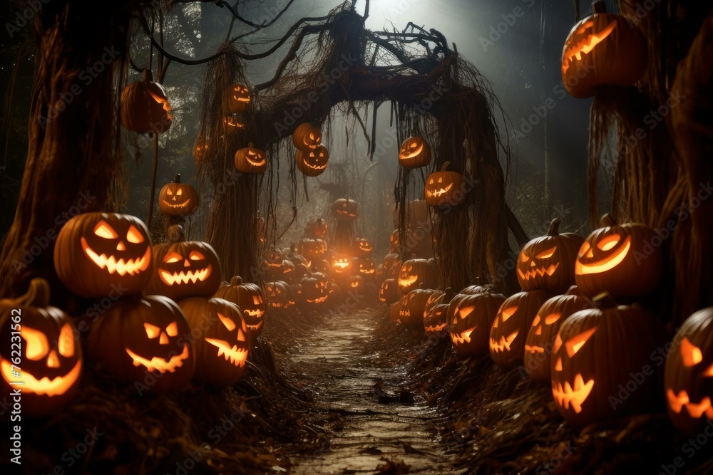 Haunting Pumpkin forest halloween ghost. Smoke poster. Generate Ai Haunting Pumpkin forest halloween ghost. Smoke poster. Generate Ai