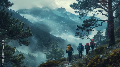Group of hikers trekking in a misty mountain forest. Landscape photography with morning fog and adventure concept for outdoor and travel design