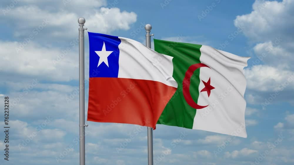 Chile and Algeria two flags waving together, looped video Chile and Algeria two flags waving together, looped video