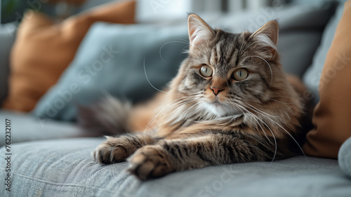 Adorable maine coon cat lying on sofa, ai