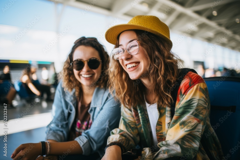 two smiling friends sitting in airport terminal - obrazy, fototapety, plakaty 