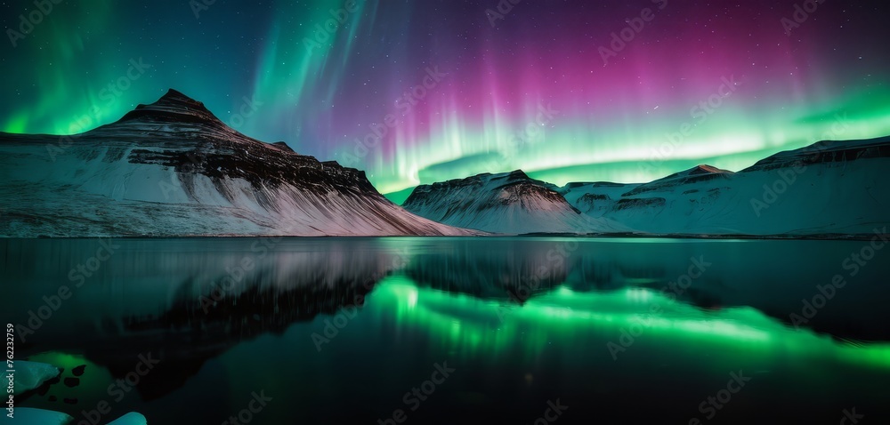 Northern Lights Dancing Above Mountain Peaks - obrazy, fototapety, plakaty 