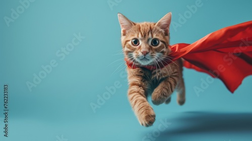 A cat in a red cape gracefully soaring through the sky against a vibrant blue backdrop, showcasing power and elegance