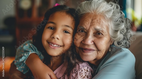 beautiful Latin grandma daughter and granddaughter at home Womenâ€™s Day concept 