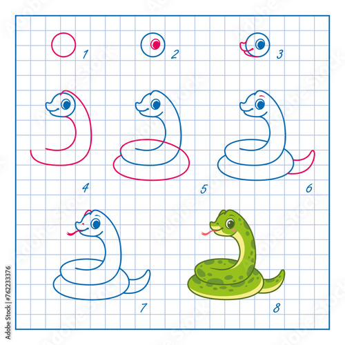 How to Draw Snake, Step by Step Lesson for Kids cartoon vector illustration