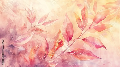 Beautiful watercolor background with pastel leaves in warm colors