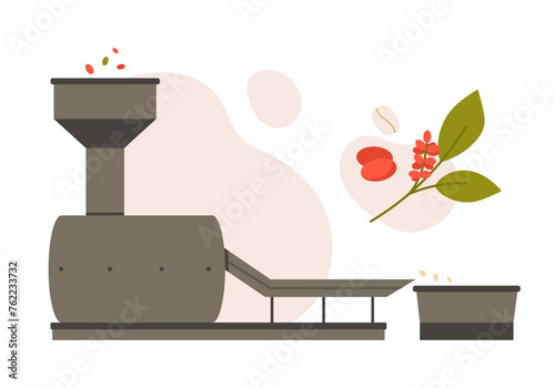 Coffee beans processing machine. Natural coffee production cartoon vector illustration