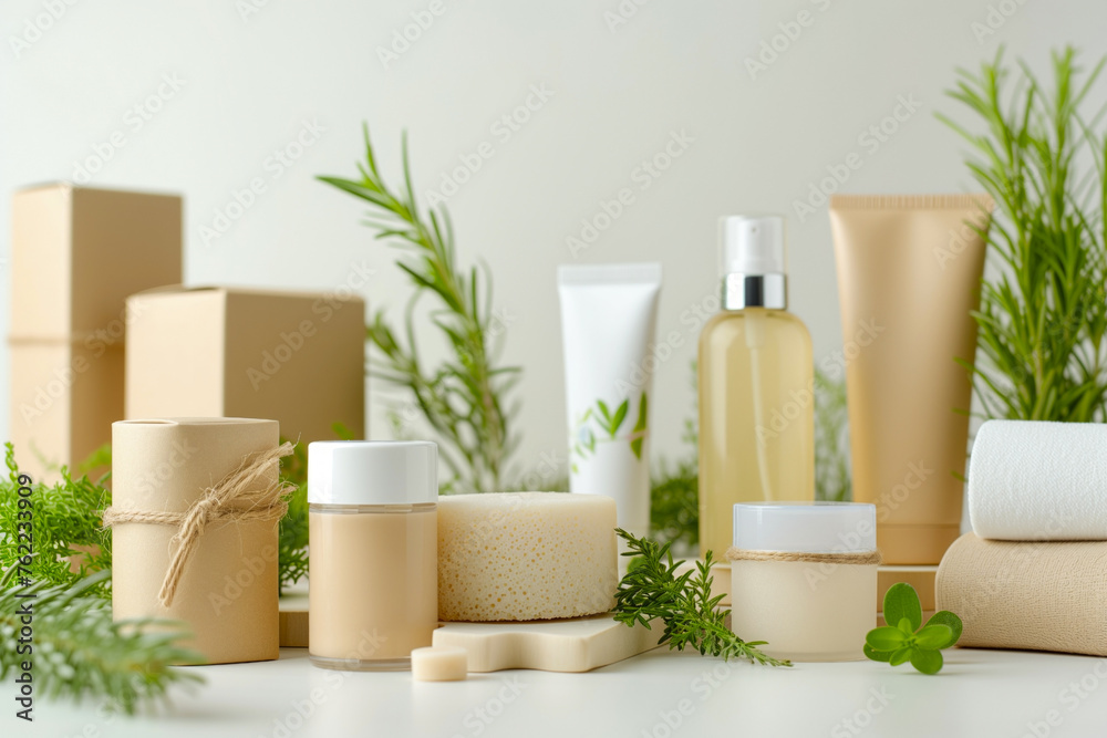 Set of natural cosmetic products in biodegradable packaging, made from eco-friendly ingredients. Light and fresh, using neutral tones.