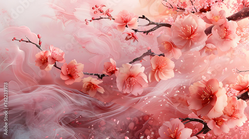 Ethereal pastel-colored background draws inspiration from Chinese ink painting techniques, adorned with delicate cherry blossoms and flowing water elements. Ideal for capturing the essence of Sakura M © CanvasPixelDreams