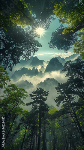 Serene forest scene with misty mountains, sun rays piercing through the trees.