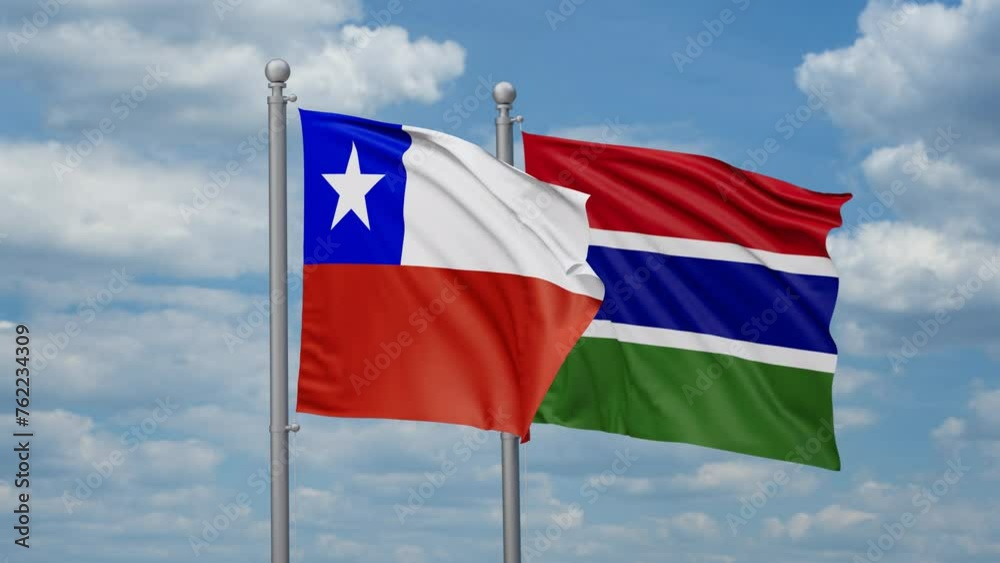 Gambia and Chile two flags waving together, looped video, two country relations concept Gambia and Chile two flags waving together, looped video, two country relations concept