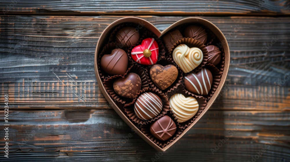 Box of sweets in the shape of a heart on the wooden table. Celebrating Valentine's Day, Mother's Day, International Women's Day. Box of sweets in the shape of a heart on the wooden table. Celebrating Valentine's Day, Mother's Day, International Women's Day.