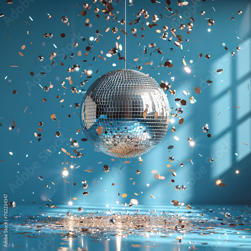 A disco ball sparkles amidst floating golden confetti, casting reflections on a blue backdrop photo