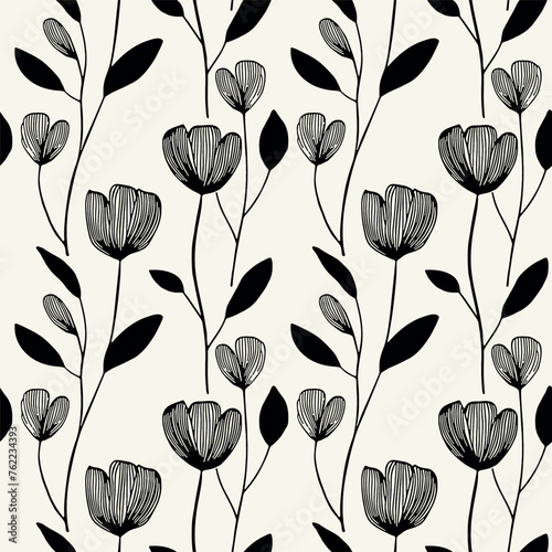 Vector seamless pattern. Floral stylish background. Thin silhouette of poppies