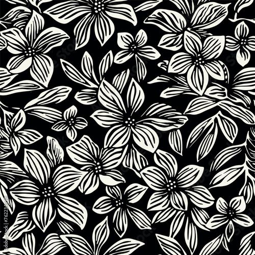 Seamless pattern with hibiscus flowers and leaves. Graphically natural print. Repeating contrast monochrome texture.