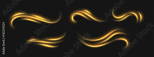 Golden light trails, light in motion, glowing speed lines with sparkles. Bright gold decoration, luminescent swirls isolated on black. Vector illustration.