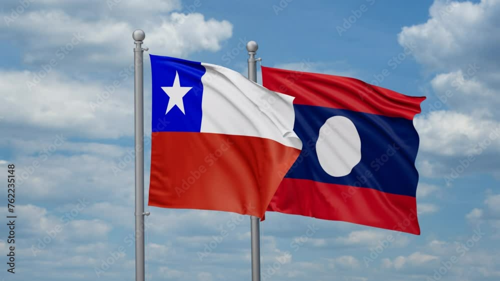 Laos and Chile two flags waving together, looped video, two country relations concept Laos and Chile two flags waving together, looped video, two country relations concept
