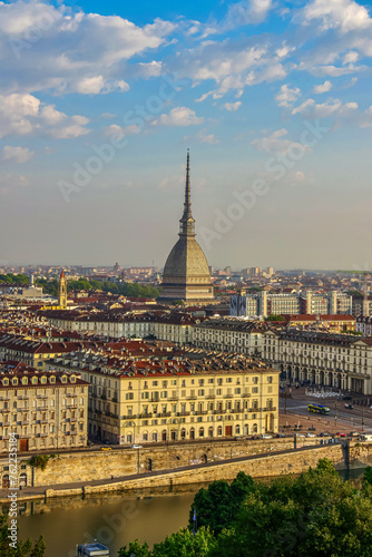 The scenic view of Turin city centre with Mole Antonelliana at sunrise, Piedmont region of Italy. © yujie