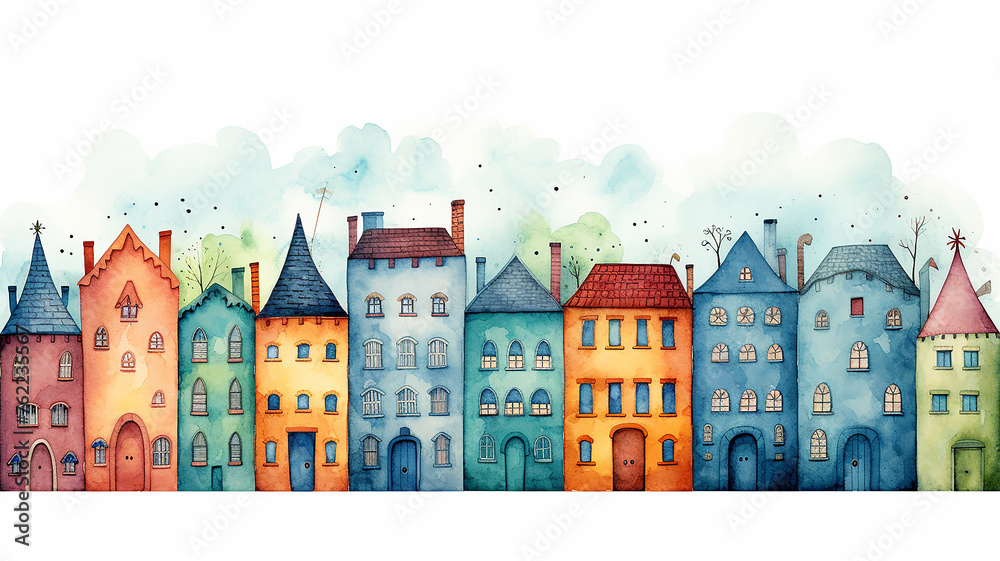 a row of colorful watercolor houses, a city street is a simple multicolored illustration for a children's book