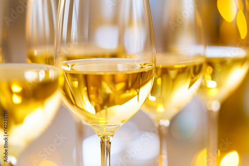 Vibrant images capturing the elegance of various white wine varieties, inviting enthusiasts to celebrate National White Wine Day. Sophisticated and celebratory, using soft white and gold tones. photo