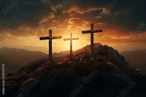 Crucifixion Of Jesus Christ At Sunrise - Three Crosses On Hill - generative ai photo