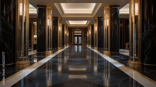 Symmetrical lobby with marble columns glass ai generated interior design
